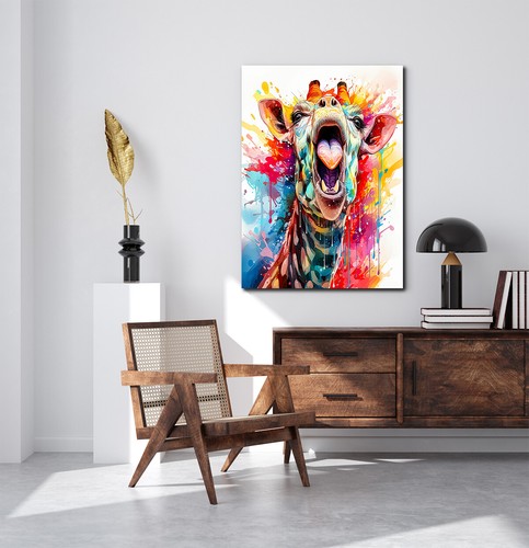 GIRAFFE ZEIGT DIE ZUNGE AQUARELL ABSTRAKT LEINWAND Wandbild Kunstdruck Deko Bild - Bild 5 von 10