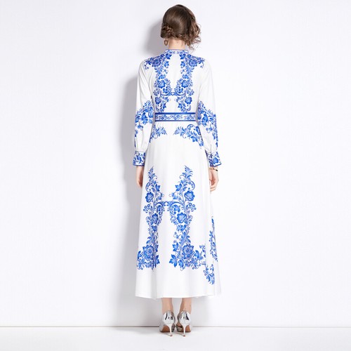 Vintage Floral Print Stand O Neck Belt Long Sleeve Women Casual Party Maxi Dress - Picture 8 of 48