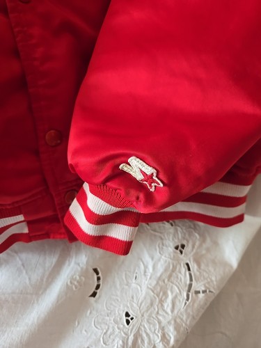 90s Starter Red White Nebraska Satin Bomber Varsity Jacket Sz Large Made In USA - Picture 3 of 8