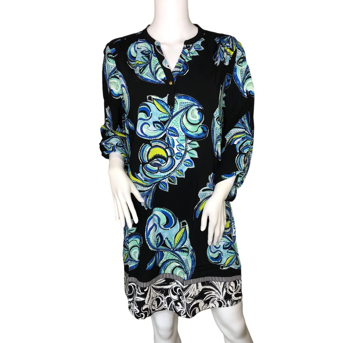 Kaari Blue Women's MIDI Dress 10 Shift Paisley Roll Tab Sleeve V Neck Rayon