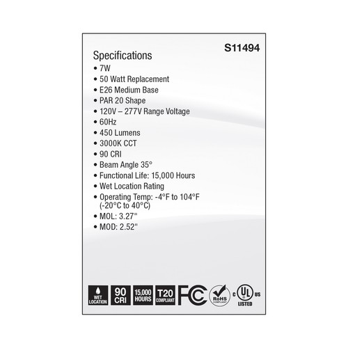 Pack LED Reflector 7W 50W 120V-277V Medium E26 PAR20 35° Silver 3000K Soft White - Picture 8 of 11