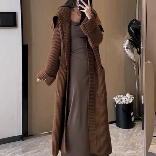 Cárdigan Coreano Suelto Solapa Tejido Medio Largo Nueva Chaqueta Mujeres Suéter Trench - Imagen 2 de 11