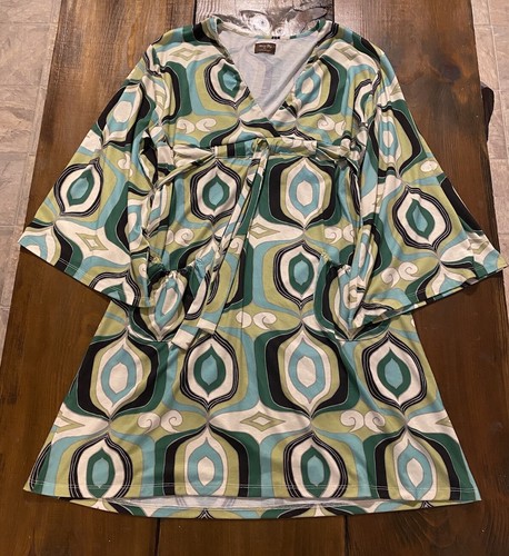 Anthropologie Wendy Glez Women’s Small Green Abstract Jersey Knit A Line Dress - Picture 7 of 14