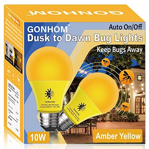 2 Pack A19 Dusk to Dawn Bug Light Bulbs Outdoor, 2000K Amber Yellow LED Bug L...