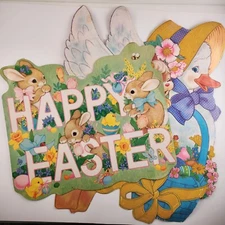 Lot of 2 Vintage Die Cut Paper Cut Outs Easter Wall Hanging Decorations