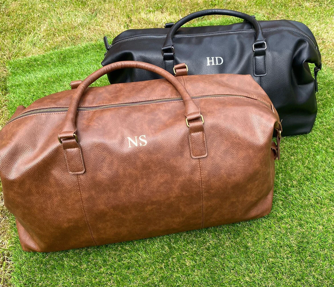 Personalised leather weekend bag mens sale