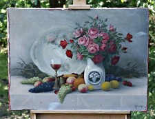 Stillleben mit Rosen und Früchten – Öl auf Leinwand – signiert – Antik