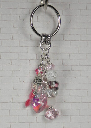 Heart Flower Crystal Beaded Handmade Keychain Split Key Ring Pink White - Picture 4 of 4
