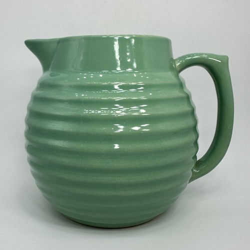 Vintage Over and Back Yellow Ware Light Sage Green Ribbed 6.5" Pitcher