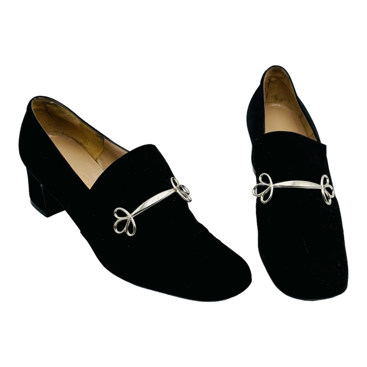 Saks Fifth Avenue Black Velvet Square Toe Loafers Heel Women's