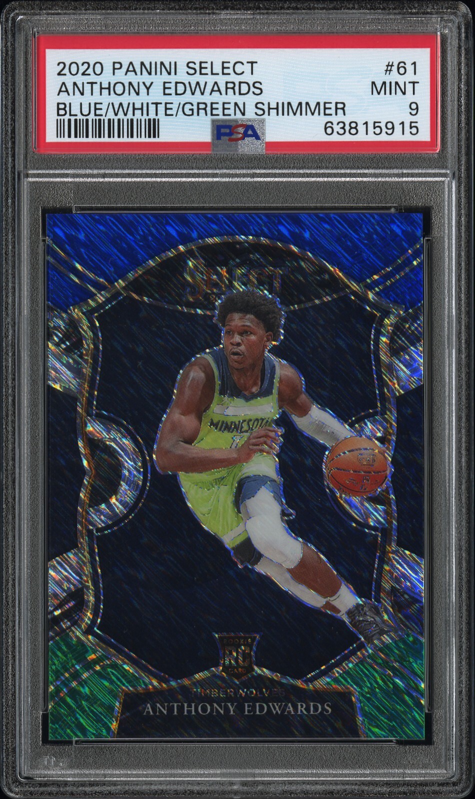 2020 PANINI SELECT BLUE/WHITE/GREEN SHIMMER #61 ANTHONY EDWARDS ROOKIE /49 PSA 9