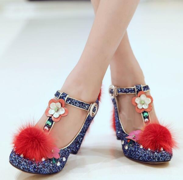 Wouomo Sequins High Block Heels scarpe Platform Show Buckle Party Fur Wedding Wouomo Sequins High Block Heels scarpe Platform Show Buckle Party Fur Wedding