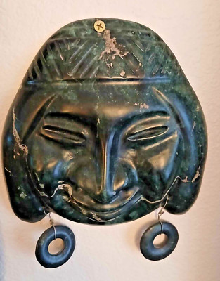 Rare Pre Columbian Style Hand Made Green Serpentine Face Mask w/ Earring Hoops