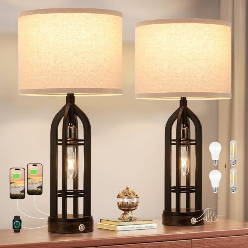 Table Lamps for Living Room Set of 2 - Bedside Lamp for Bedroom with USB C+A ...