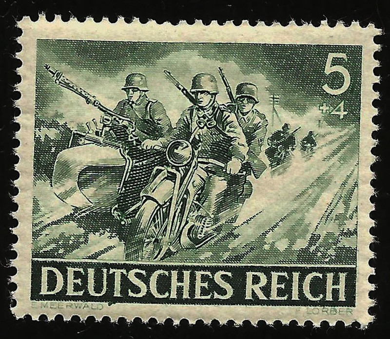 1943 WWII Nazi Germany Military Rare Mint Stamp SS Elite Biker Squad in Action 