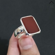 Authentic Yemeni Aqeeq Ring 925 Silver Natural Handmade Islamic Red Agate Design