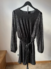Crystal Sky Black Sequin Mini Dress Long Sleeve Belted Holiday Party Medium