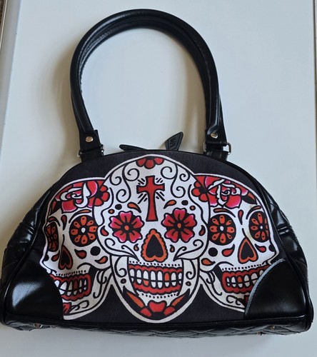 Liquorbrand Y2K Skulls Day of the Dead Bowler Bag Purse Rockabilly Pinup - Picture 10 of 20