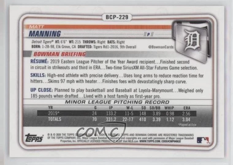 2020 Bowman Chrome Prospects Red Shimmer Refractor /10 Matt Manning #BCP-229 - Image 2 of 2