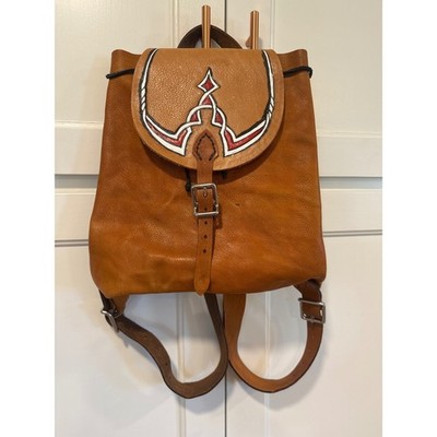 Handmade Tan Leather Backpack Hand Painted Tribal Design Rucksack Boho Artisanal