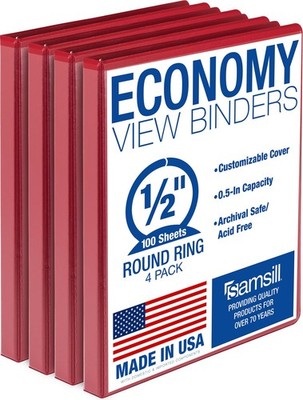 Samsill 0.5 Inch 3 Ring Binder, Economy Round Ring, Clear View 4-Pack, Red