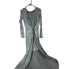 Gorgeous Bebe Silver Sequin Long Sleeve Gown V-Neck Formal Dress Small