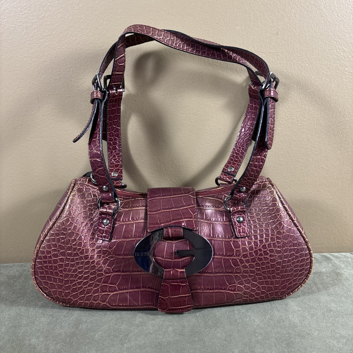Vintage Guess Y2K Reddish Purple Croc Pattern Shoulder Purse