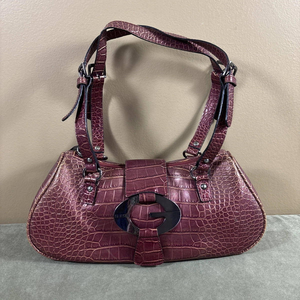 Vintage Guess Y2K Reddish Purple Croc Pattern Shoulder Purse