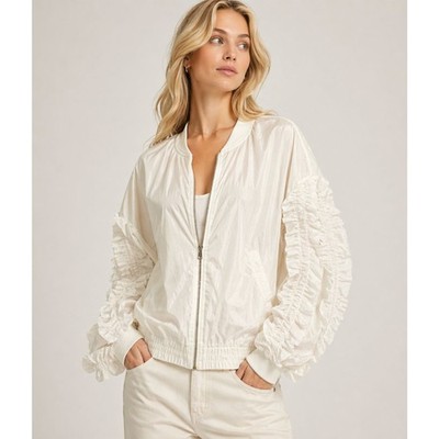 NWT Cien Sheer Ruffle Sleeve Bomber Jacket Oversized S Cream Festival Boho Fairy