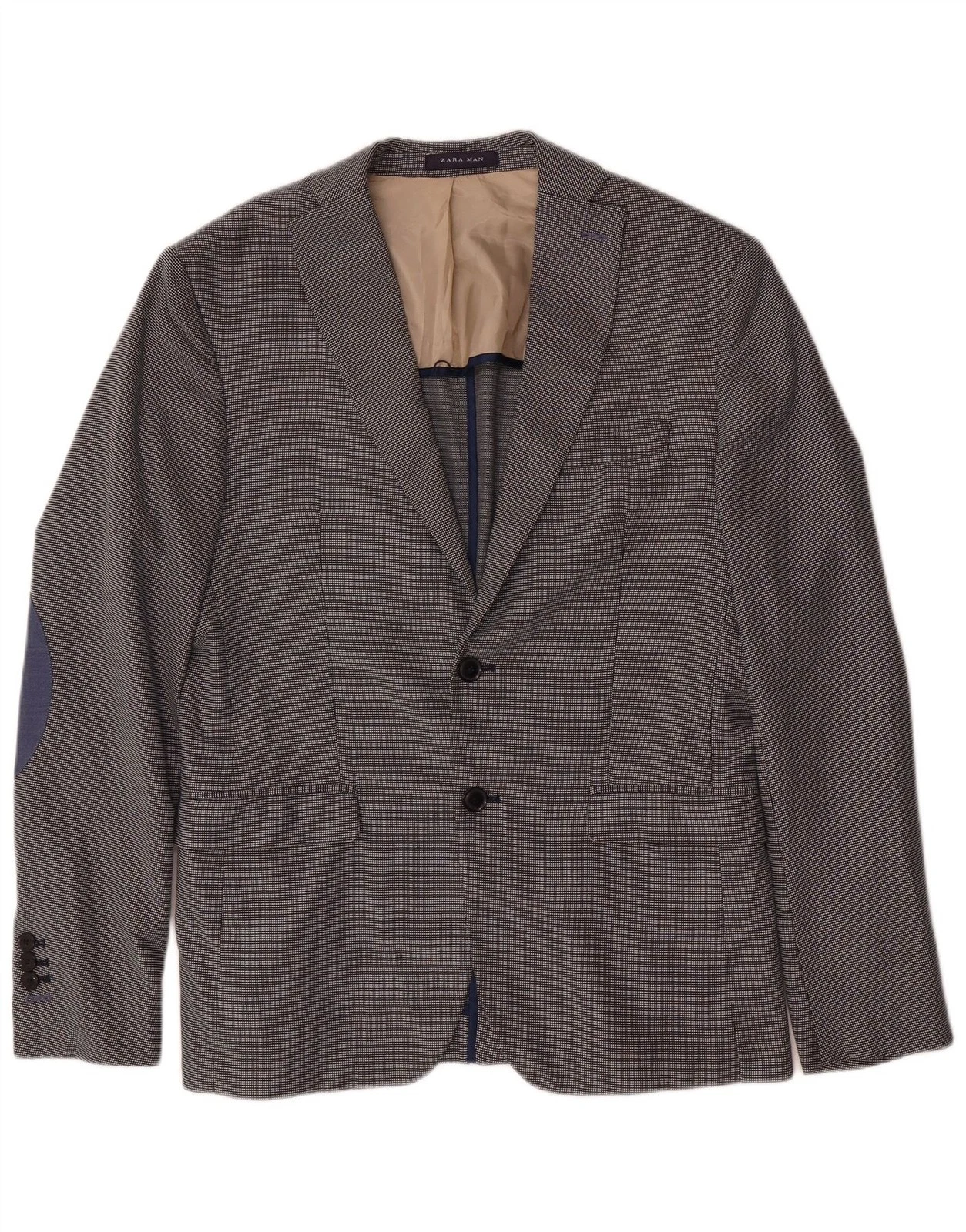 Zara Mens 2 Button Blazer Jacket EU 48 Medium Navy Blue Houndstooth CB01