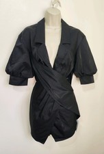 asos black satin tuxedo wrap dress 6 puff sleeve new