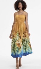 Tahari ASL Womens Ruched Bodice Border Print Midi Dress In Mustard Haze -
