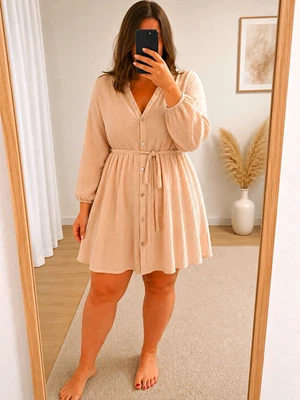 Amisu Damen Kleid Gr. 40 Beige Musselin Baumwolle kurz V-Ausschnitt Knopf Gürtel - Bild 1 von 4