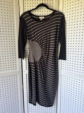 LOFT Black Taupe Rayon Asymmetric Cinch Ruched Fine Sweater Knit Dress Women's S