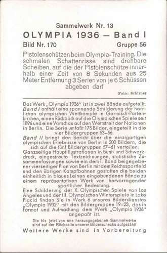 OLYMPIA Berlin 1936 Band I Sammelbild Nr. 170 Pistolen-Schießen Olympic Games - Picture 2 of 2