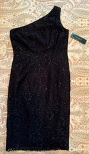 Lauren by Ralph Lauren Evening One Shoulder Glittery Black Lace Dress Sz 4