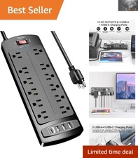 Compact 12 Outlet Power Strip & 4 USB Ports with 2700 Joules of Surge Protection