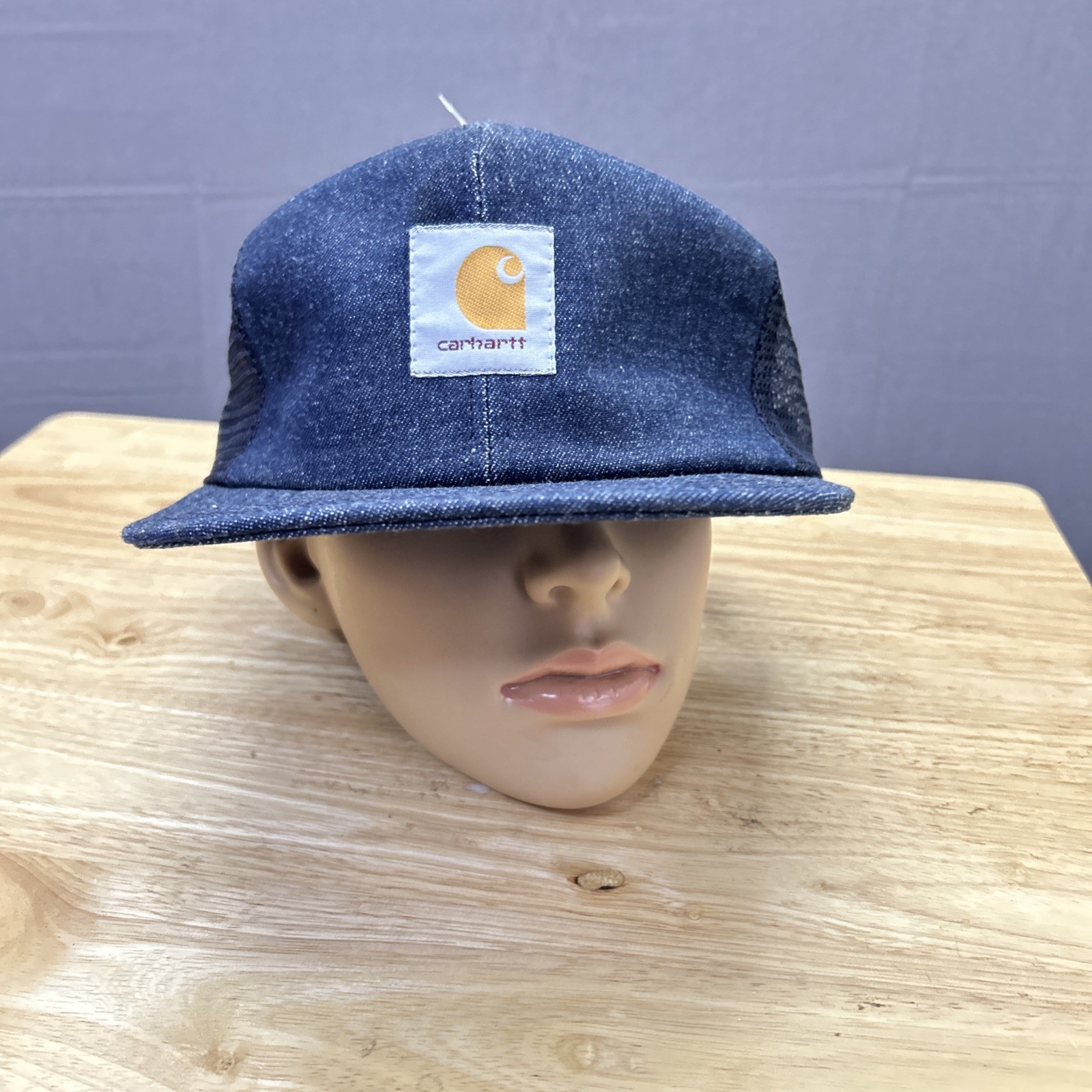 NOS VTG Carhartt Denim Trucker Hat SnapBack Made In USA Box Logo Workwear NWT