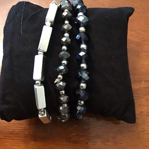 Black And Silver Beaded Bracelets Stretch Set Of 3
