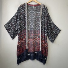 Xhilaration Sheer Kimono Size L Fringed Boho Embroidered Festival Hippie Duster