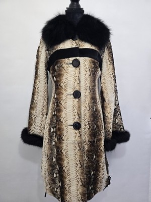 Genuine Kangaroo Suede Leather Coat Fox Fur Collar Snake Print Women Size 42