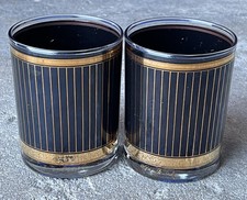 Georges Briard Double Old Fashioned 24K Gold  Black Striped Glass PAIR nice MCM