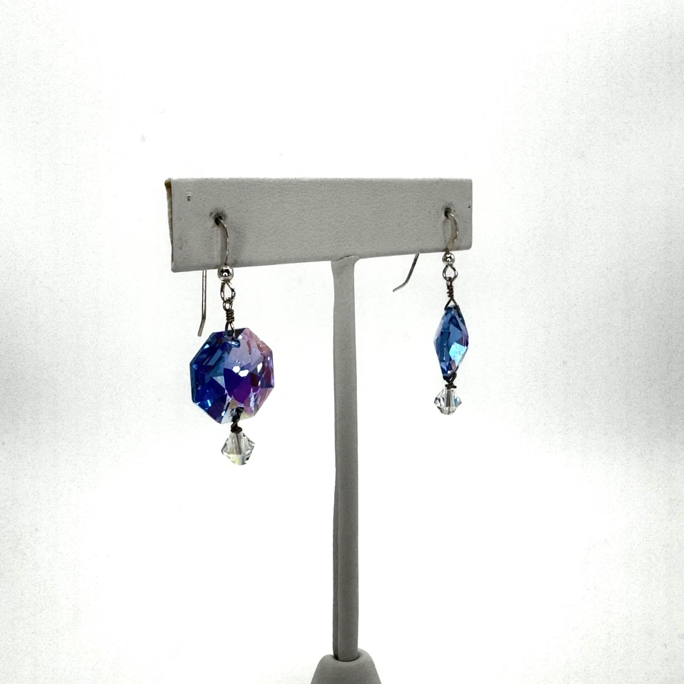 Brincos pendentes de cristal Swarovski azul iridescente prata esterlina 925 - Imagem 3 de 4