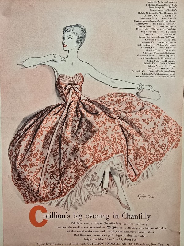 1956 Women's Cotillion Formals Red Chantilly Lace Dress Vintage Fashion Art Ad 
