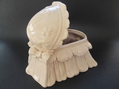 Vtg. ''BABY'S FIRST From California''  Pink Ceramic Bassinet Planter