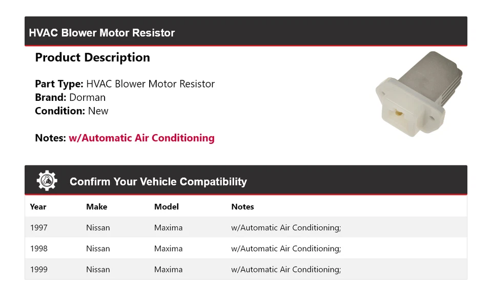Resistencia de motor soplador de climatización para Nissan Máxima Dorman 1997-1999 1998 Foto 2 de 4