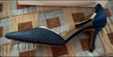 NEW-Nine West Knowledge Navy Blue Satin Ankle Strap Sparkle Dress Shoe