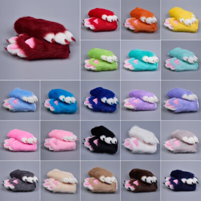 Fursuit Colorful Cat Paw Plush Furry Cosplay Nail Tiger Claw Full Finger Mitten.