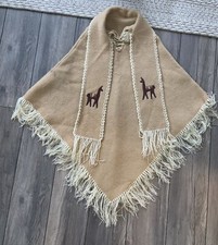 VTG Handmade Alpaca Llama Embroidered Fringed Boho Hippy Poncho Shawl Cape