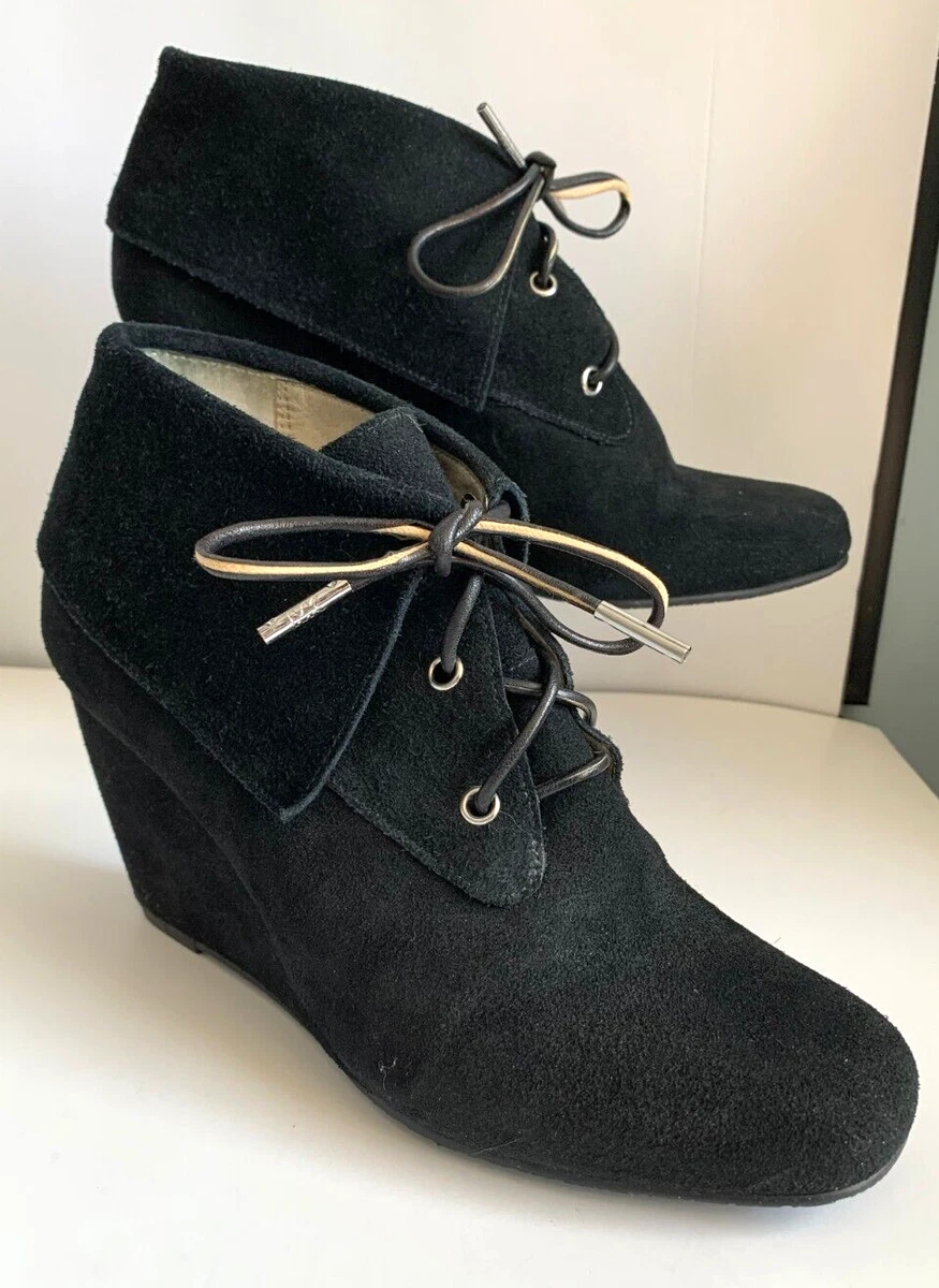 Michael Kors Women s Black Suede Wedge Heel Booties Leather Laces